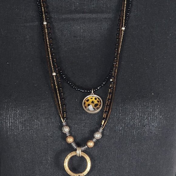Chicos Mixed Metal Seed Bead Copper Black Animal Print Multi Strand 24" Necklace - Picture 2 of 16